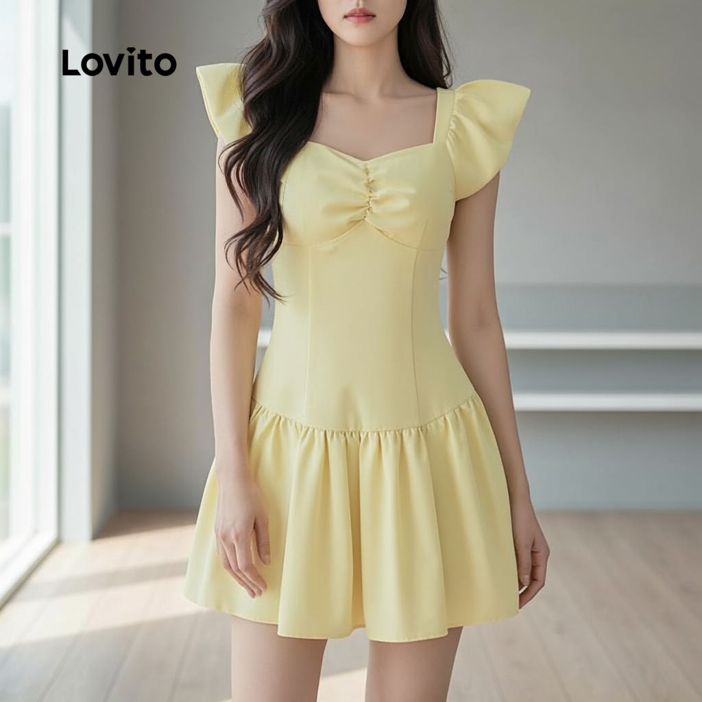 Lovito Vestido Feminino Amarelo Liso com Babados Primavera Verão Casual L136AD311 em Oferta na Shopee