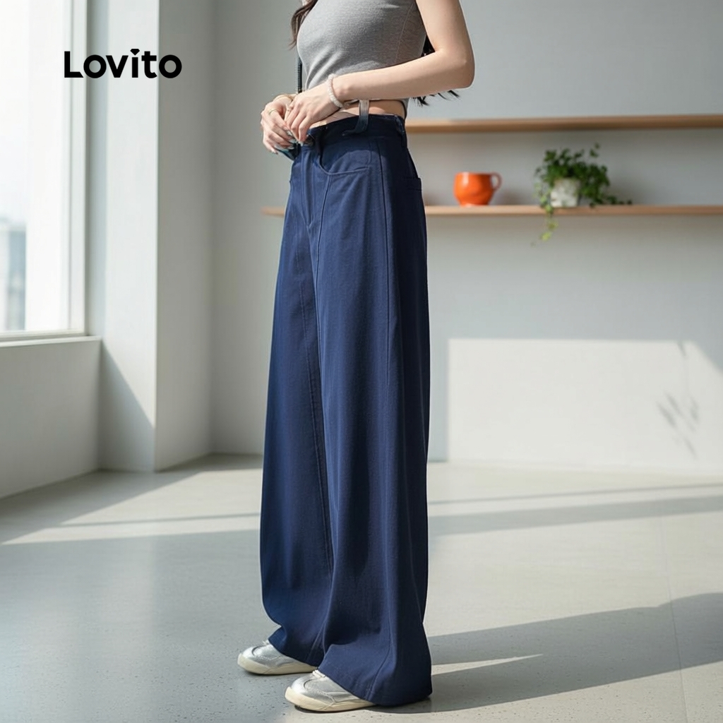 Lovito Calça Casual Estrutura Com Bolso Para Todas As Estações Azul Marinho L166AD330 em Oferta na Shopee