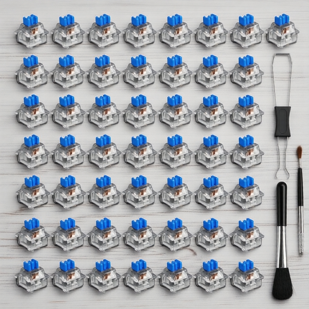Interruptores Mecânicos Clique Azul, 3 Pinos, Kit de Teclado DIY 30/50/90 Unidades, com Extrator e Pincel de Limpeza