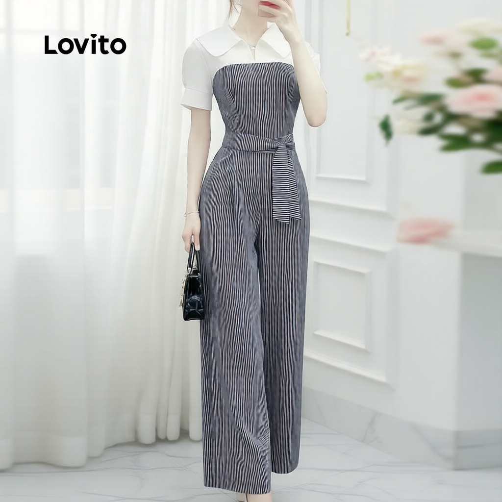 Lovito Elegante Macacão Feminino Amarração Primavera/Verão Estilo Bordado LK2EDD