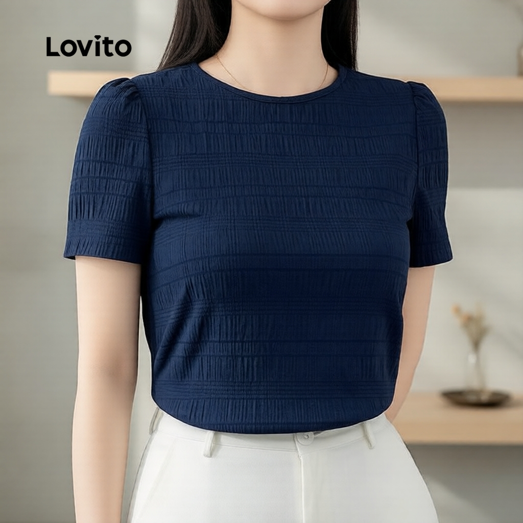 Lovito Casual Blusa Jacquard Feminina Azul Marinho Uso Diário Primavera/Verão L1