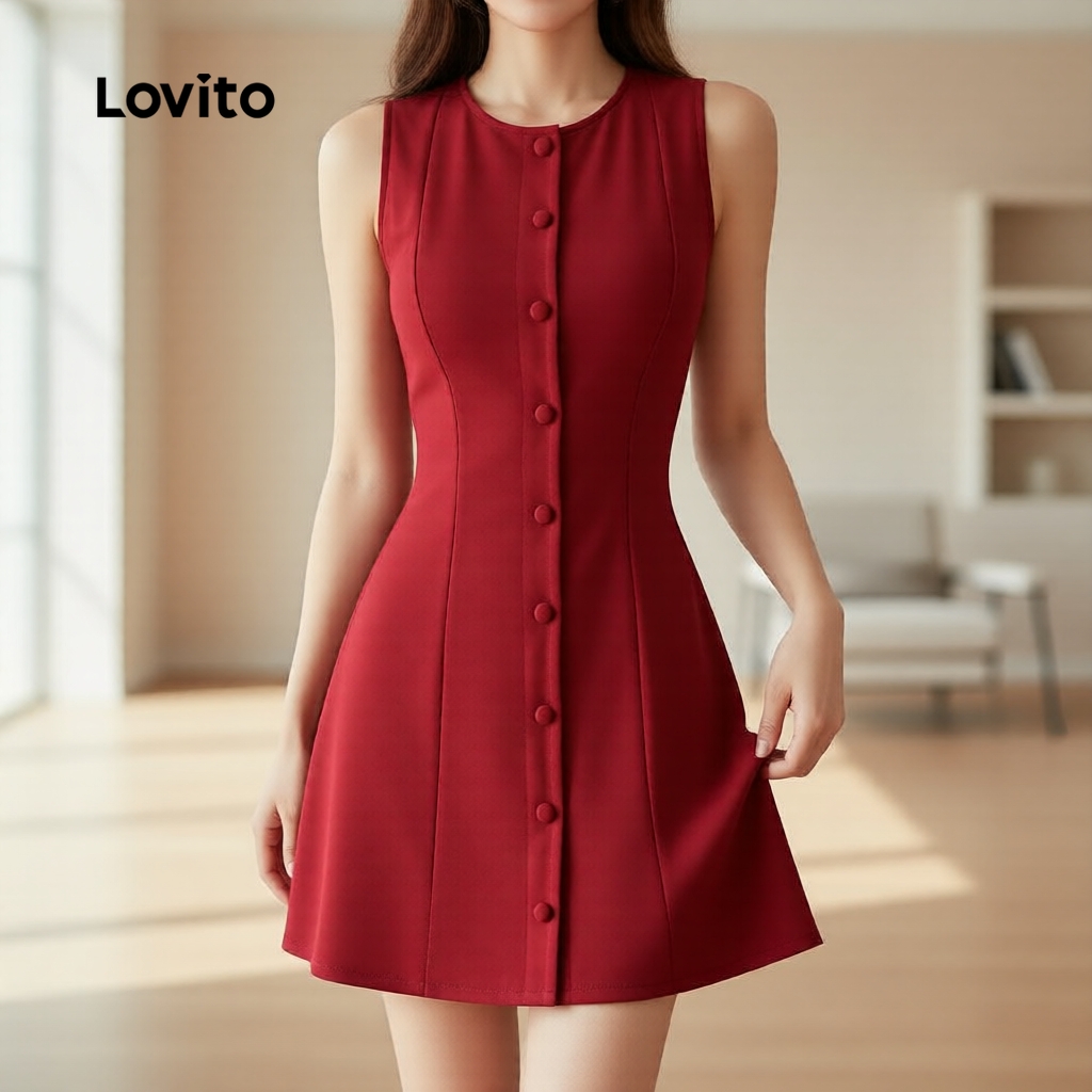 Lovito Vestido Feminino Casual com Botões Frontais Vinho para Primavera e Verão L150ED732