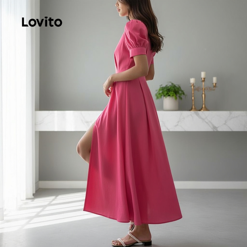 Lovito Vestido Feminino Casual Liso Com Botões Frontais e Mangas Bufantes LNE27187 (Multicolorido) em Oferta na Shopee