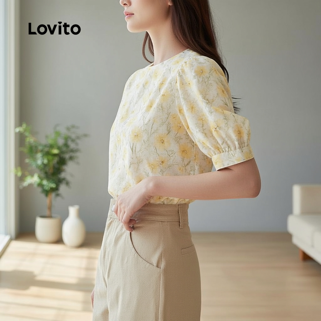 Lovito Camisa Casual Plissada Amarela Primavera Verão para Mulheres L154LD330