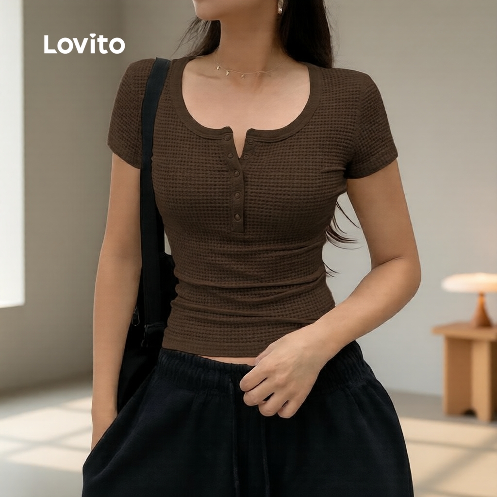 Lovito Camiseta Casual Feminina Amarela Botão Primavera Verão LK5LD248