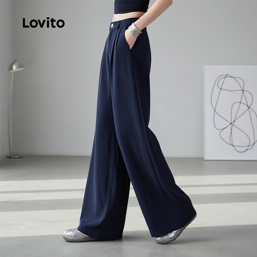 Lovito Calça Casual Feminina Azul Marinho com Zíper para Primavera Verão L171ED044 em Oferta na Shopee