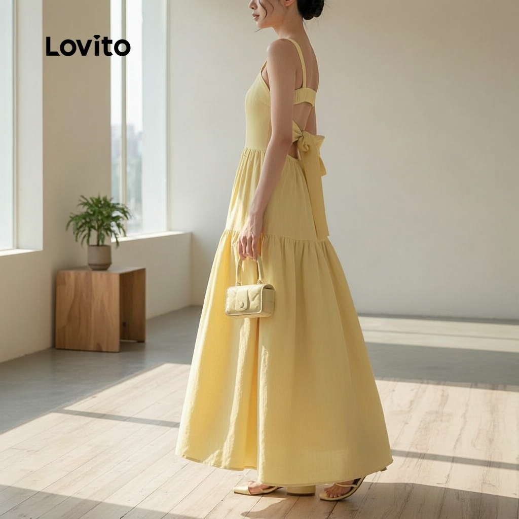 Lovito Refine Vestido Feminino Estilo Boho Liso com Amarração e Recorte L99ED704 em Oferta na Shopee