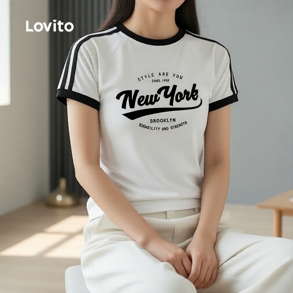 Lovito Casual Camiseta Feminina Color Block Branco Off Temporada Primavera/Verão
