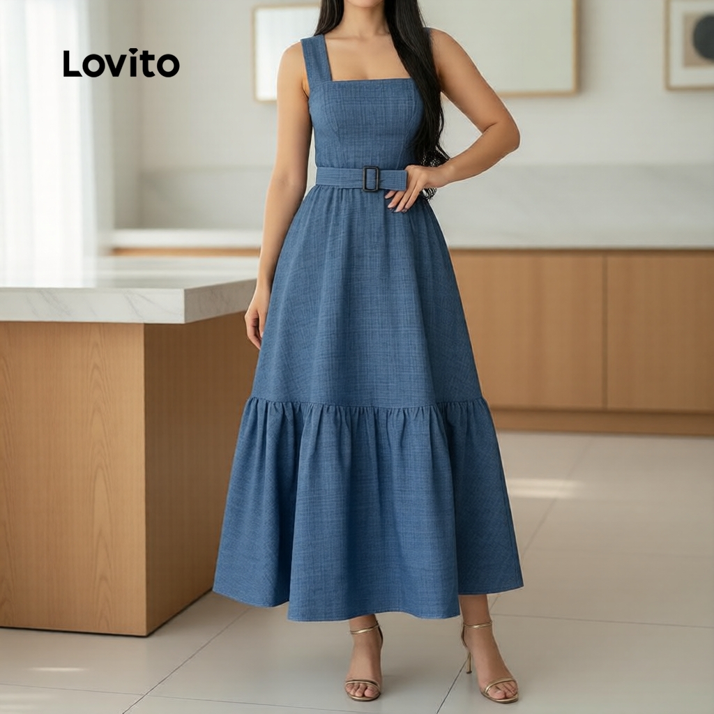 Lovito Elegante Vestido Azul com Fecho de Zíper e Cinto Barra com Babado Primave