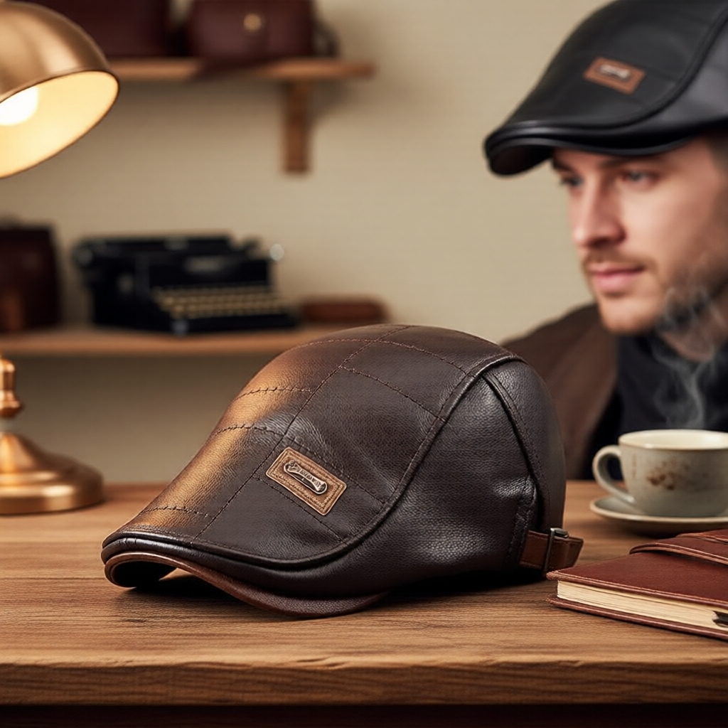 Boina masculina italiana de couro legítimo, chapéu de bico sofisticado, confortável e ajustável, pronta entrega.