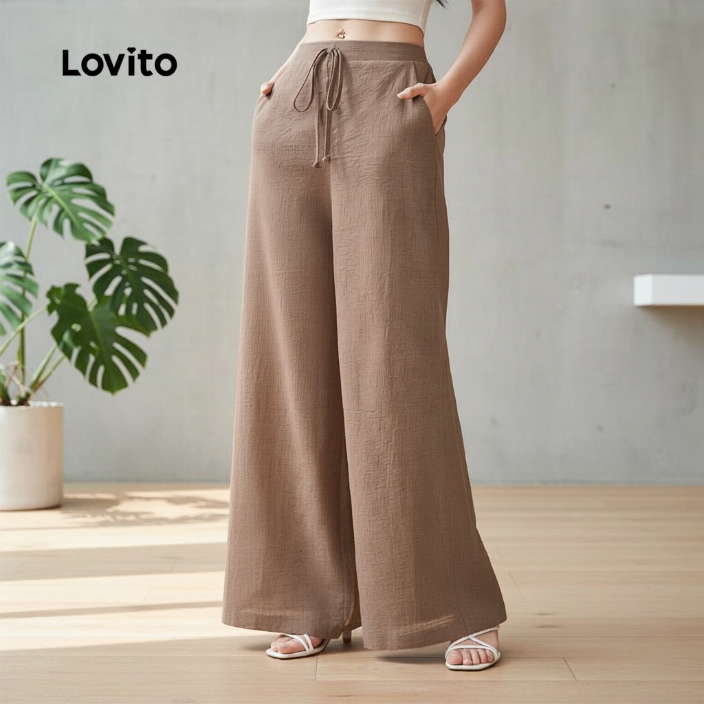 Lovito Casual Calça Feminina com Bolso e Amarração Primavera/Verão Caqui Bordado
