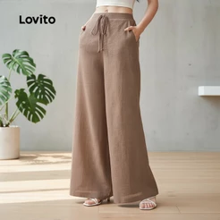 Lovito Casual Calça Feminina com Bolso e Amarração Primavera/Verão Caqui Bordado L158ED570