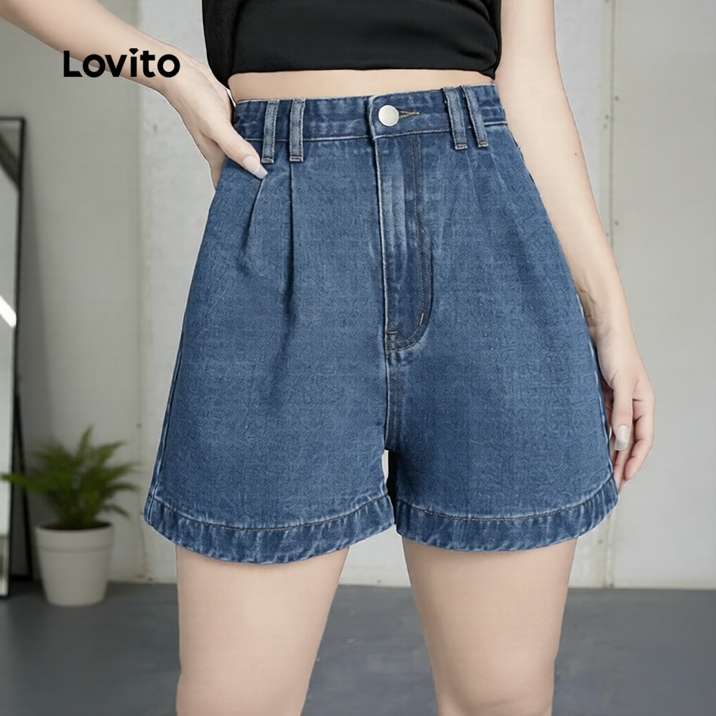 Lovito Shorts Jeans Casuais Azul com Bolsos e Pregas Primavera Verão L183AD258