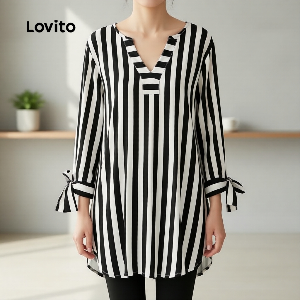 Lovito Casual Blusa feminina listrada plus size com amarração e cadarço Bordado LBL19053