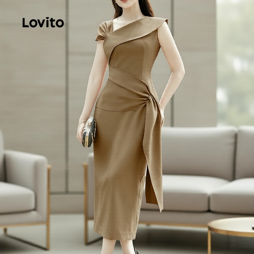 Lovito Elegante Vestido Feminino Plissado Linha Aconchegante Primavera/Verão Caqui L165ED028