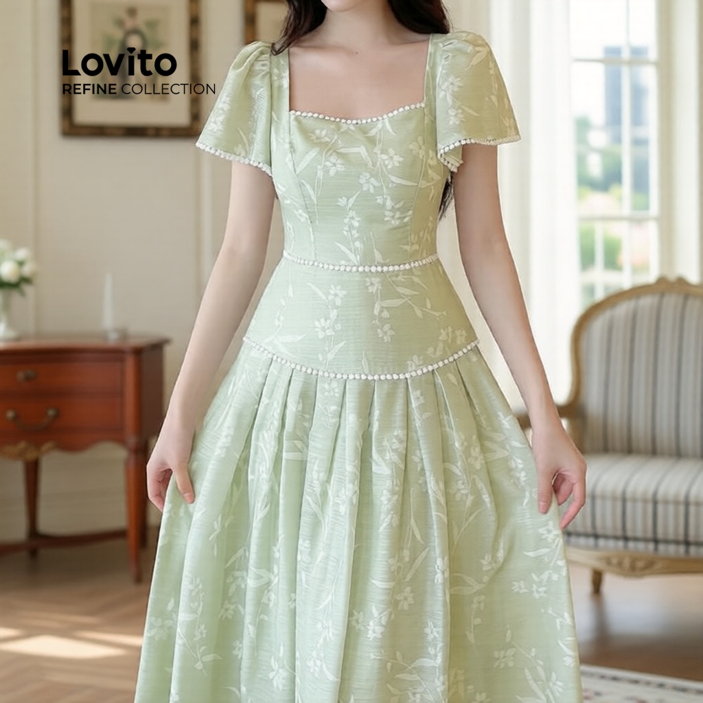 (Refine by Lovito) Vestido Feminino Verde Primavera/Verão Babados no Decote e Pregas Estilo Elegante LR35L411