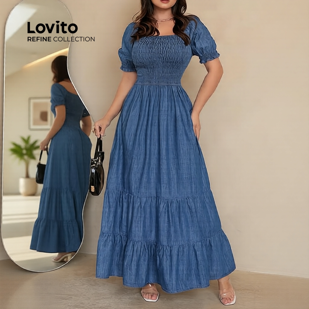 (Refine by Lovito) Vestido Feminino Azul Primavera/Verão Franzido em Camadas Elegante