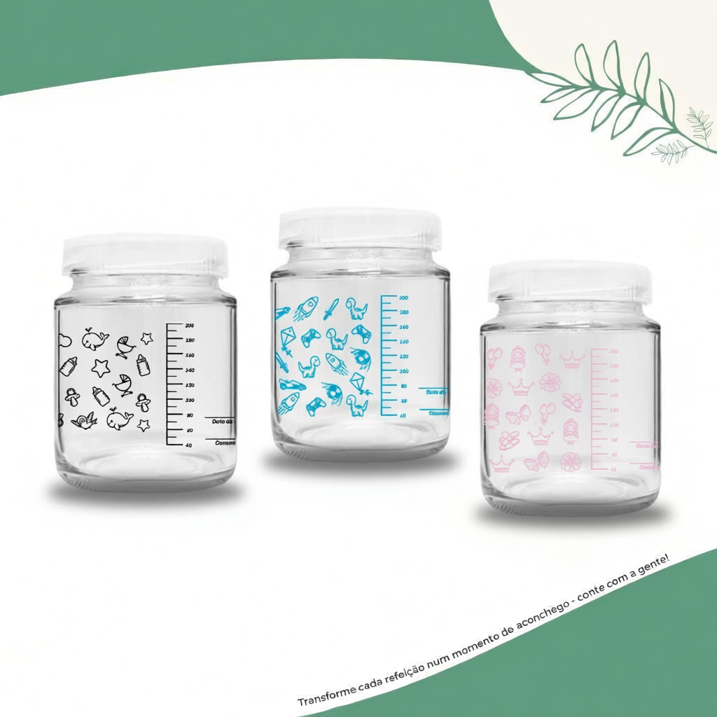 Kit 5 Potes de Vidro p/ Leite Materno 200ml – Livre de BPA c/ Graduação