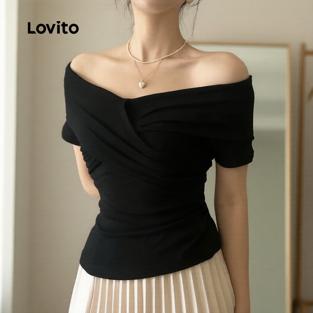 Lovito Casual Top Feminino Ombro a Ombro Estilo Fresco Primavera/Verão Código L1