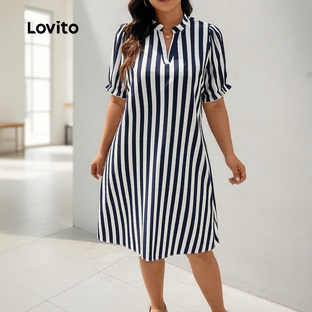 Lovito Casual Vestido Feminino Curvo Listrado Com Babados Botões Plus Size LBL15