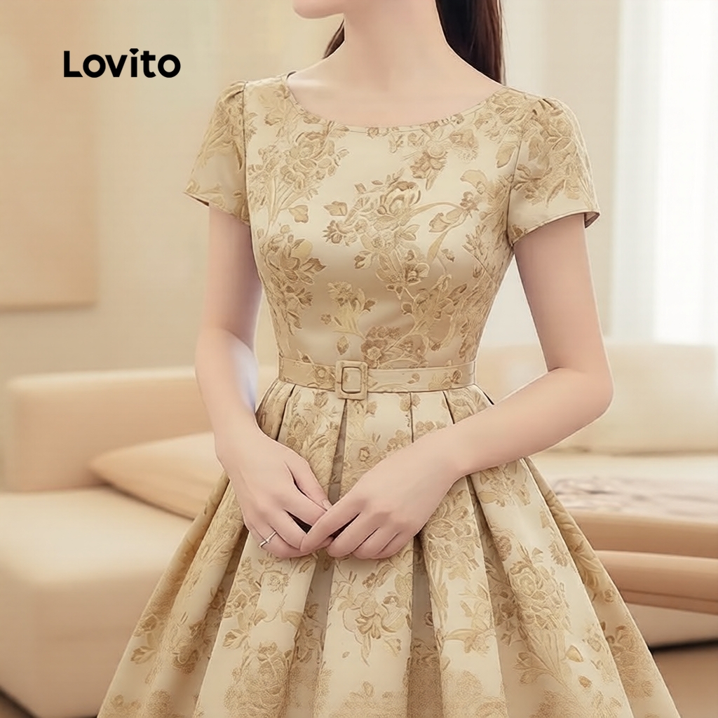 Lovito Elegante Vestido Feminino Com Pregas E Cinto Estampa Primavera Verão Cáqu