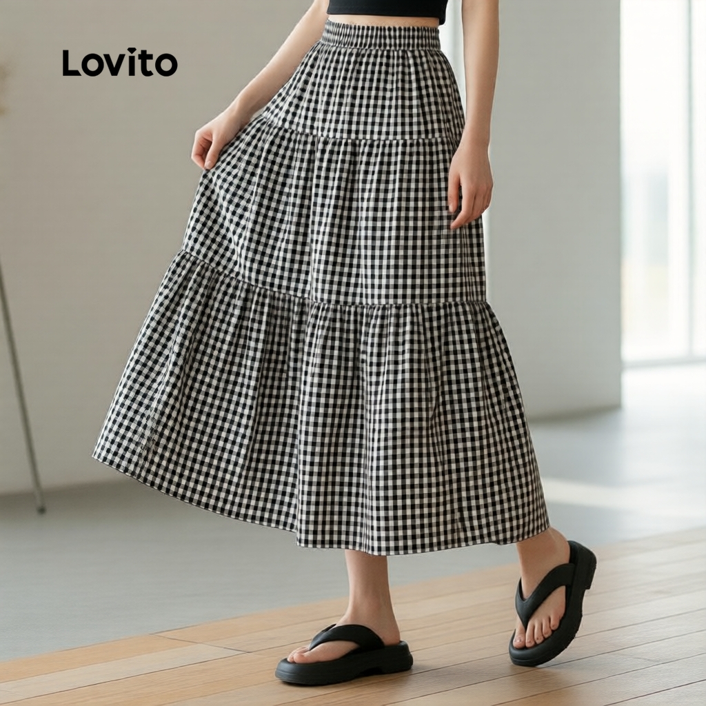 Lovito Casual Saias de Camadas para Primavera/verão Saias Pretas e Brancas para