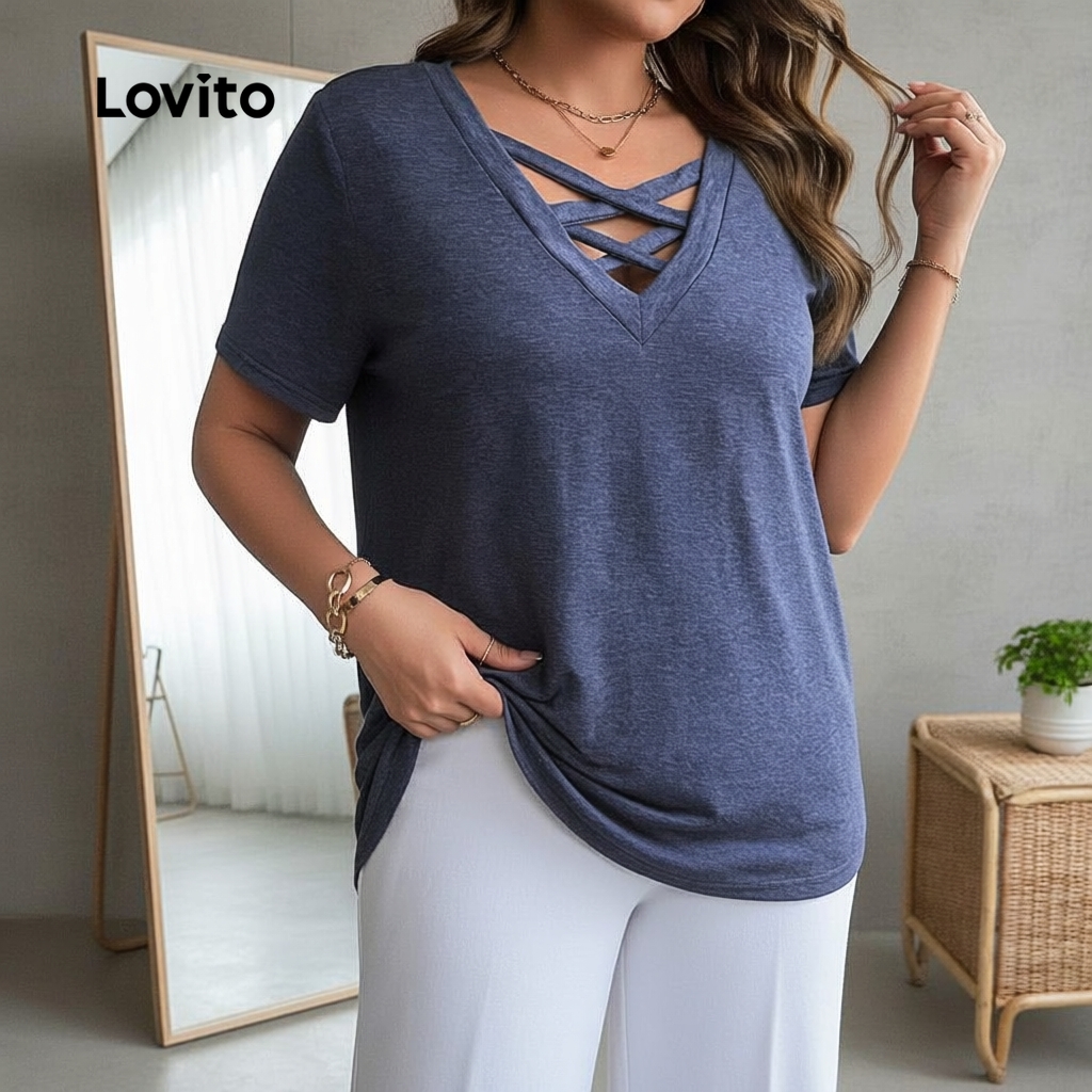 Lovito Blusa Feminina Plus Size Casual Lisa Cruzada Curva L18BR1099