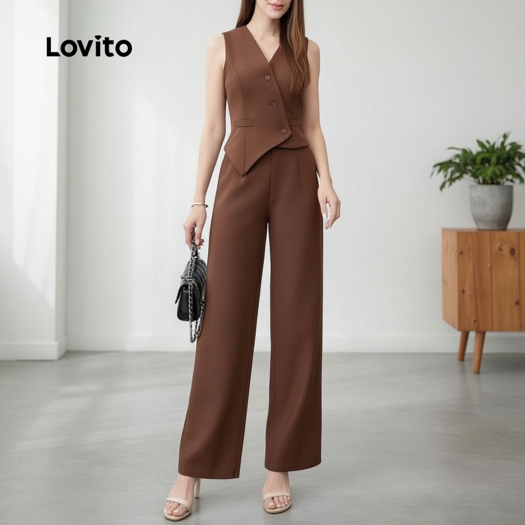 Lovito Calças Femininas de Botão para Primavera/Verão em Tons Marrons Elegantes L158ED727 em Oferta na Shopee