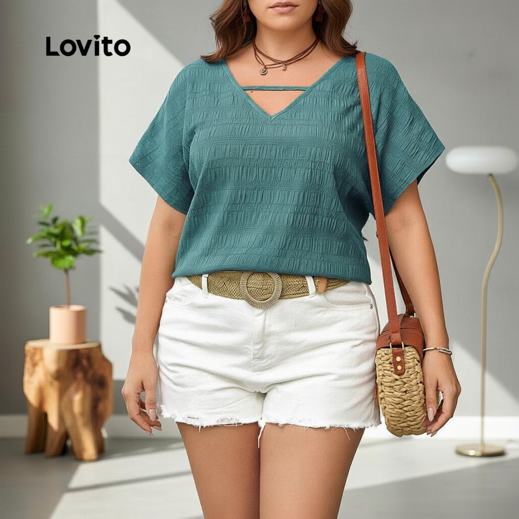 Lovito Refine Blusa Jacquard Lisa Plus Size Feminina Casual LBL18316 em Oferta na Shopee