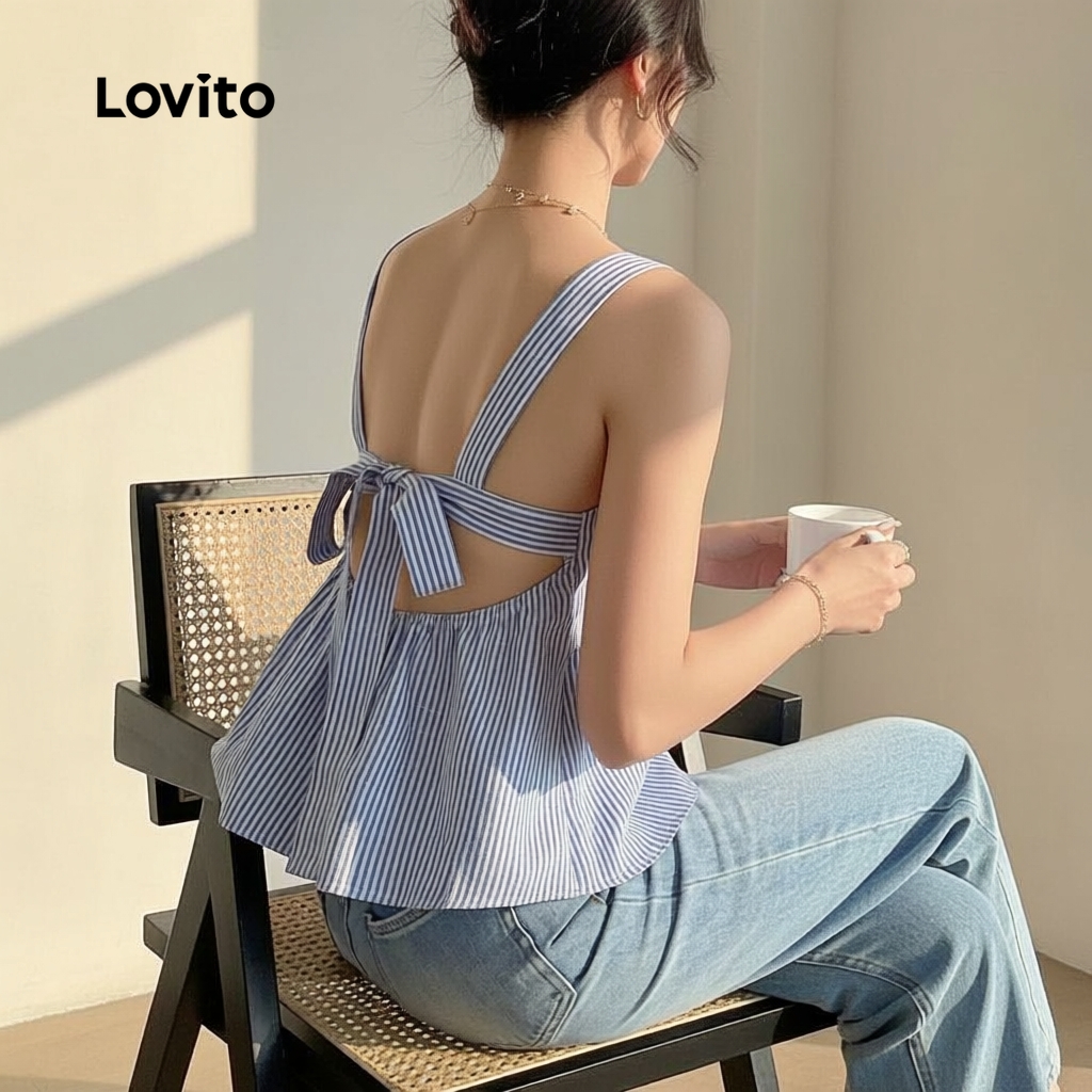 Lovito Blusa Casual com Amarração nas Costas para Primavera/Verão Azul Feminino L164LD126 em Oferta na Shopee