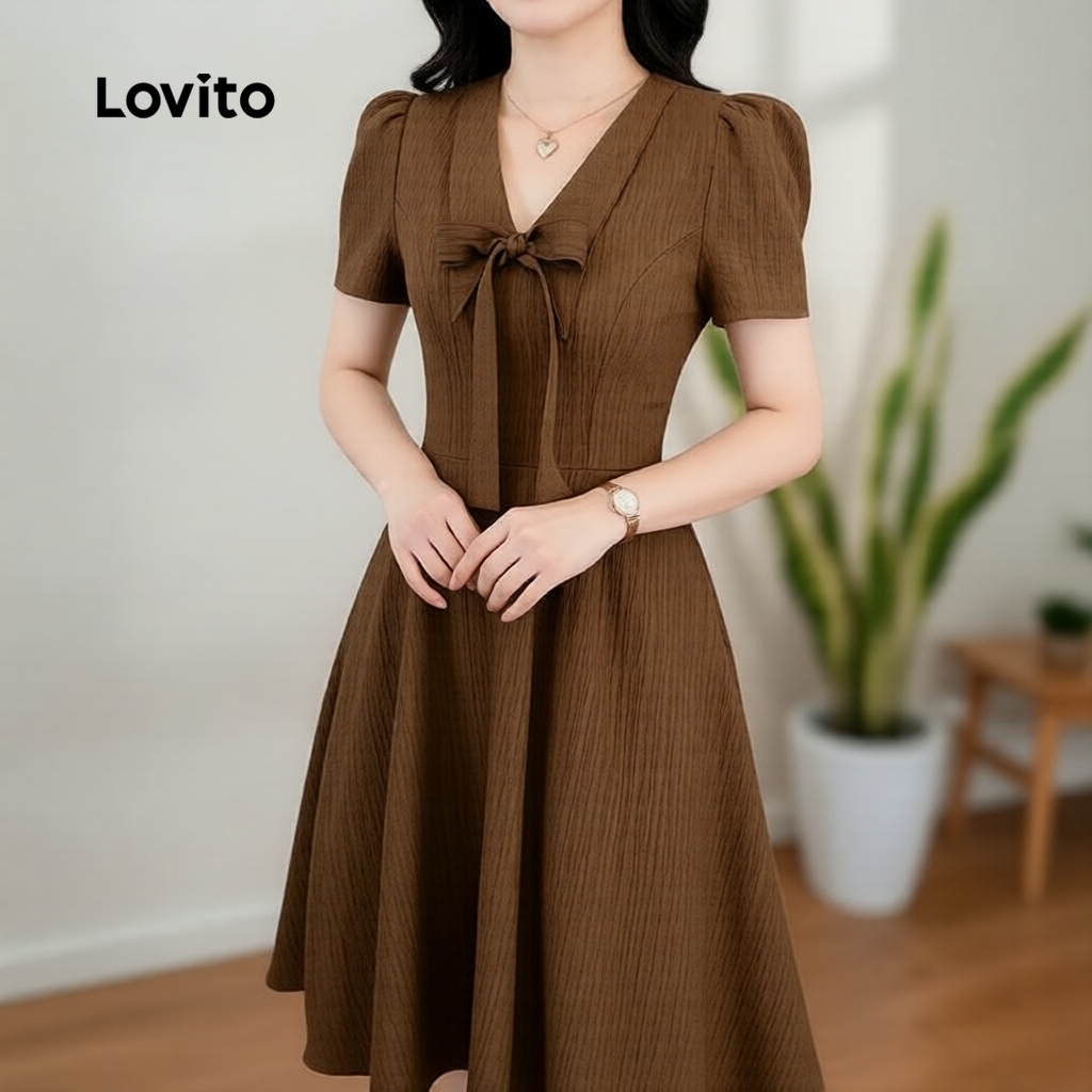 Lovito Elegante Vestido Jacquard Marrom Feminino Primavera/Verão Ideal Para Viagens E Passeios LK2ED080