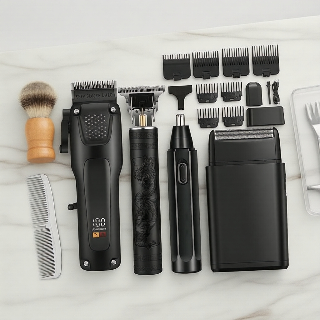 Kit de Cuidados Masculino 4 em 1 sem Fio, Máquina de Cortar Cabelo, Barbeador Foil, Aparador de Nariz, Recarga USB com