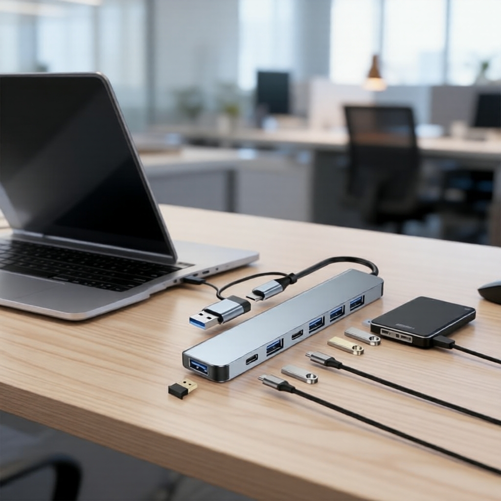 Hub USB-C de Alumínio com 7 Portas, Adaptador OTG 3.0, Divisor Multi-portas para PC e Laptop