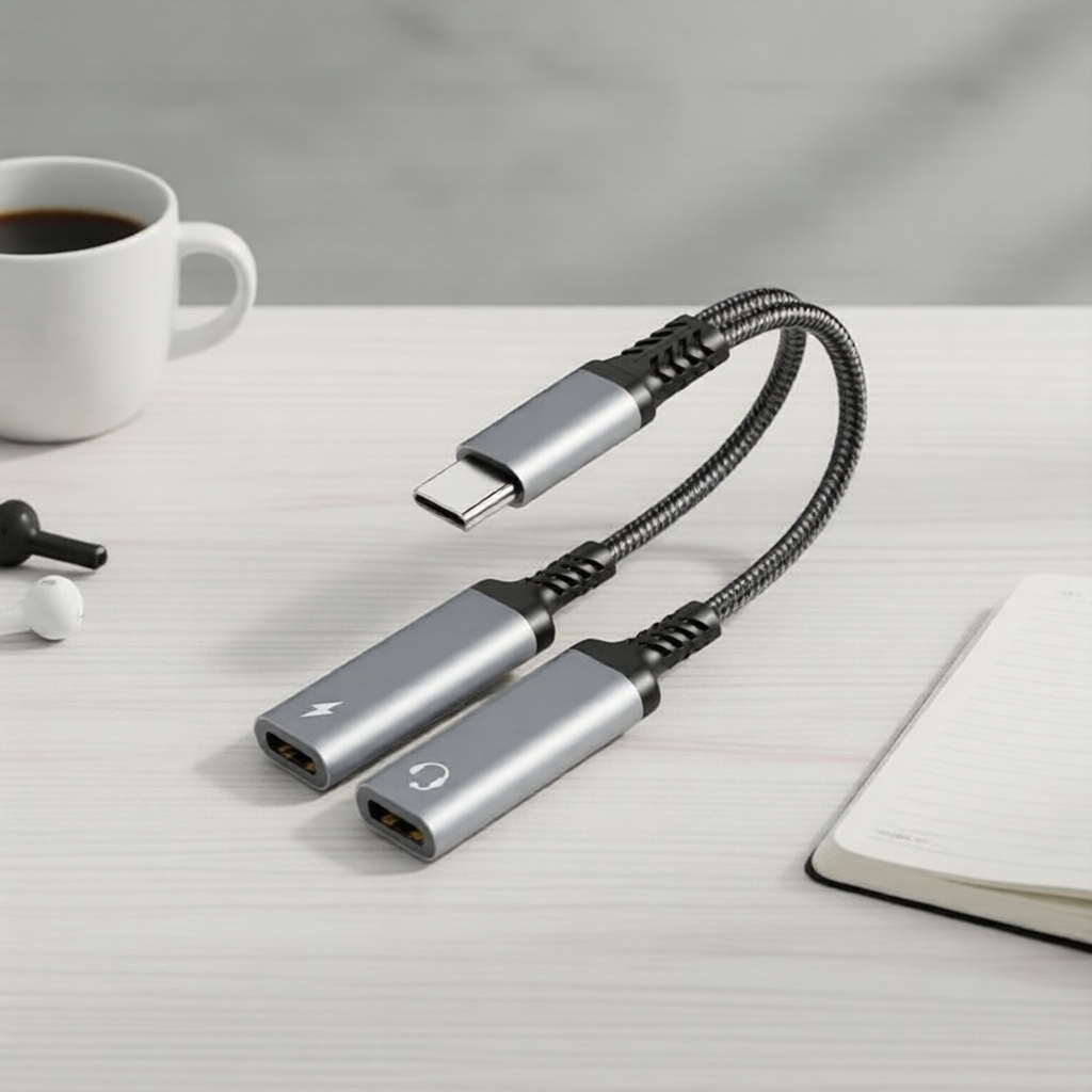 Adaptador OTG USB-C Duplo: 60W PD + Saída de Áudio para MacBook/Tablets/Smartphones