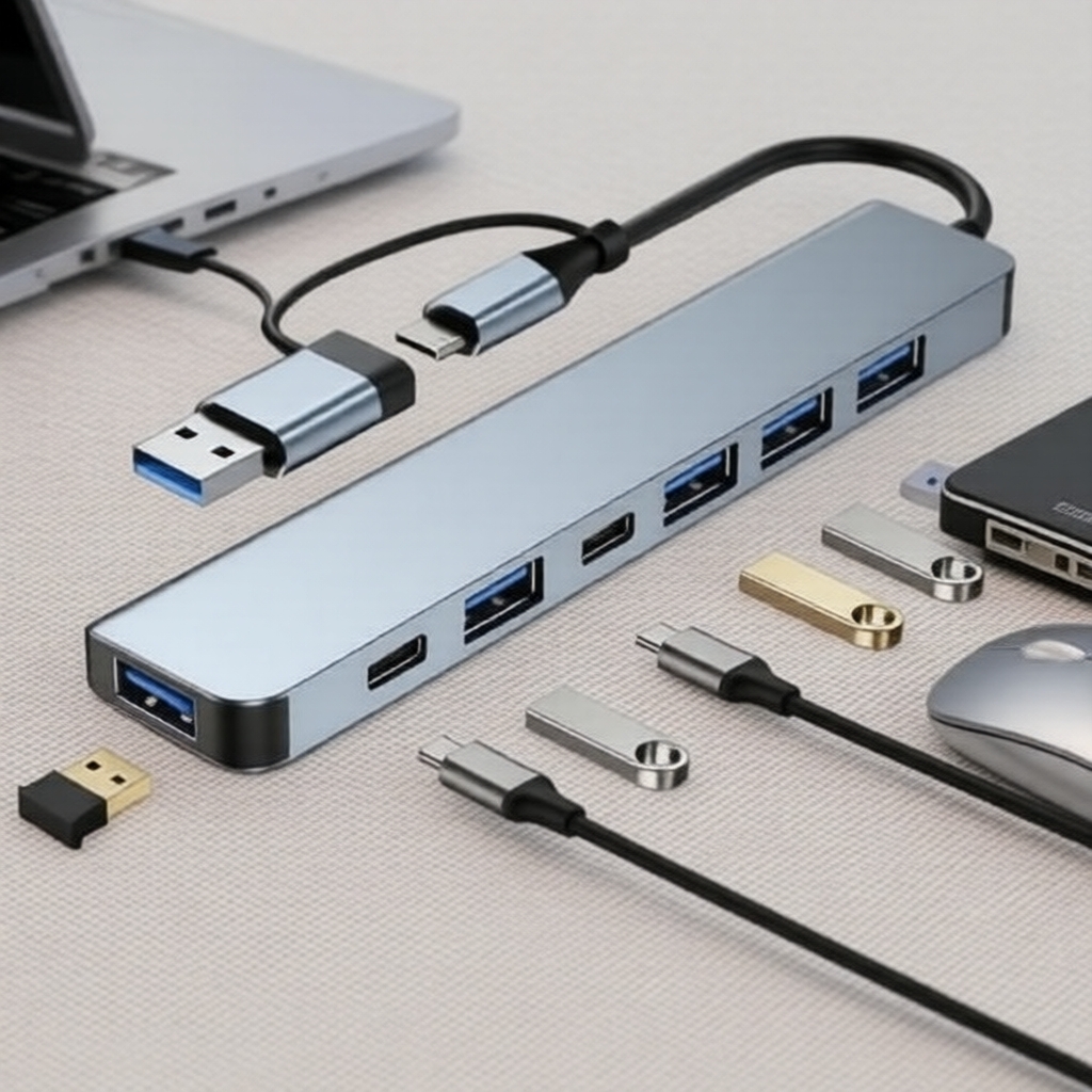 Hub USB-C 7 em 1 em Alumínio, Divisor OTG com Múltiplas Portas, Tipo-C 3.0 para Laptops e PCs