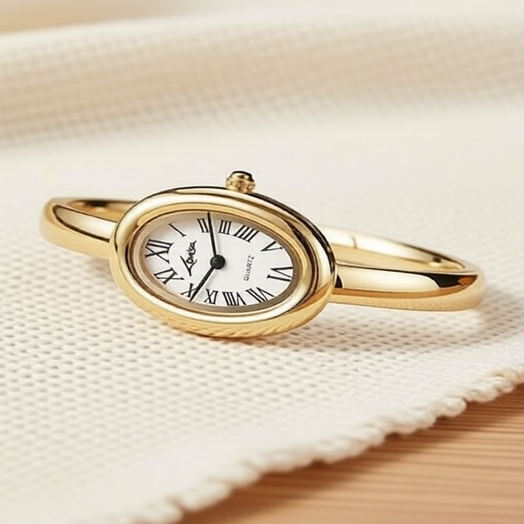  Relógio feminino oval de quartzo dourado com mostrador de algarismos romanos, acessório vintage de primavera