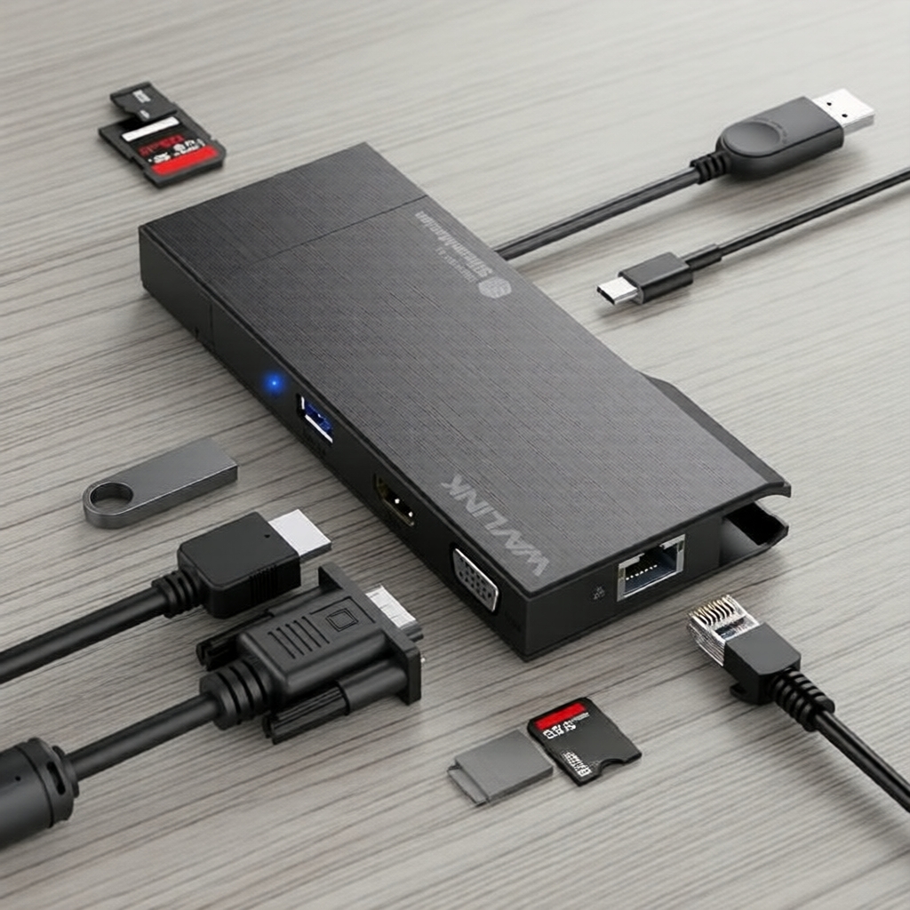 Hub USB Wavlink 9-em-1, HDMI 4K, VGA, USB 3.0 5Gbps, Leitor de cartões SD/TF, RJ45 LAN para Mac/Windows/Android