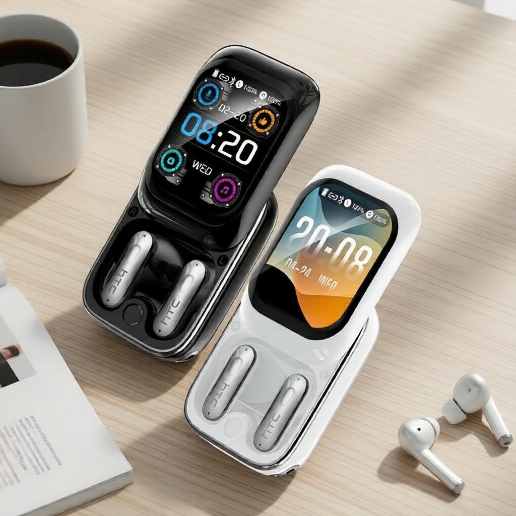  Fones de Ouvido Bluetooth com AI HTC NE48, Bluetooth 6.0, Tela Sensível ao Toque Inteligente, Bateria de 48H, Fones de