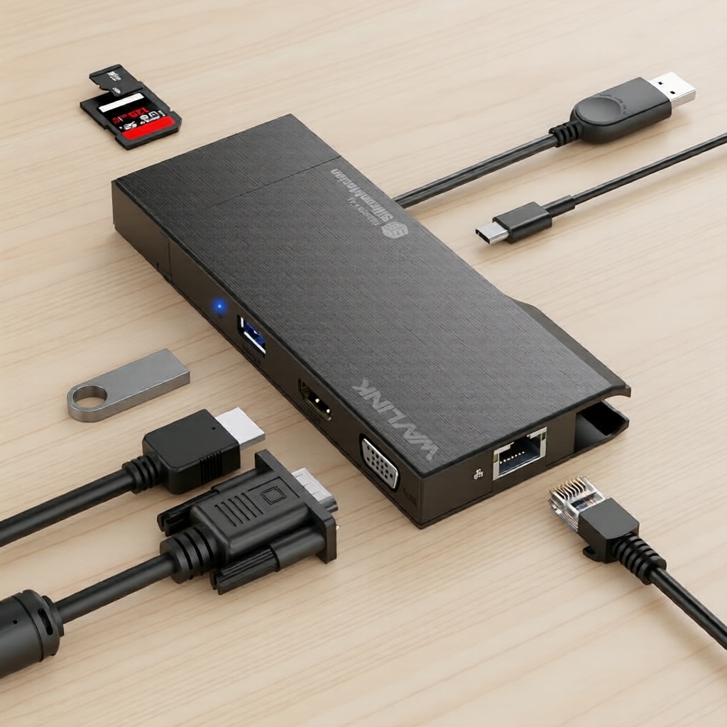 Hub USB 9 em 1 Wavlink, HDMI 4K e VGA, USB 3.0 5Gbps, Slots para cartões SD/TF, RJ45 Gigabit para Mac/Windows/Android