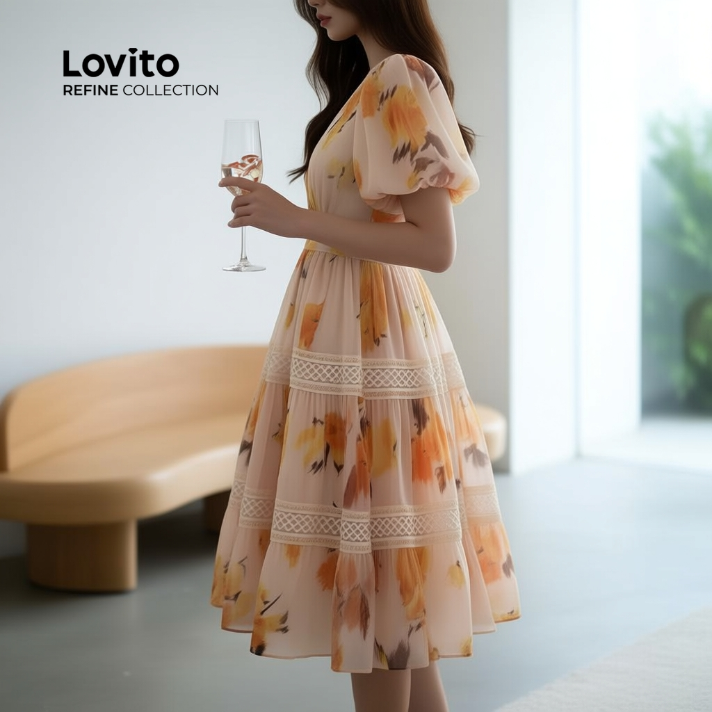 Lovito Refine Vestido Feminino Elegante Multicolorido Renda Camadas Primavera Verão Evangélico LR21L089 em Oferta na Shopee