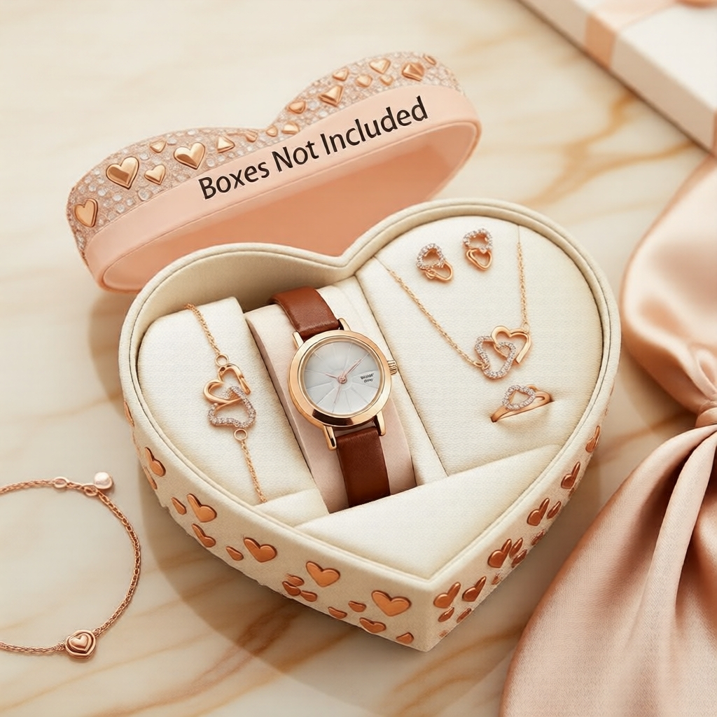 Conjunto de Relógio de Pulso Feminino Premium - Relógio de Couro Marrom com Cristais, Colar, Brincos, Pulseira, Anel,