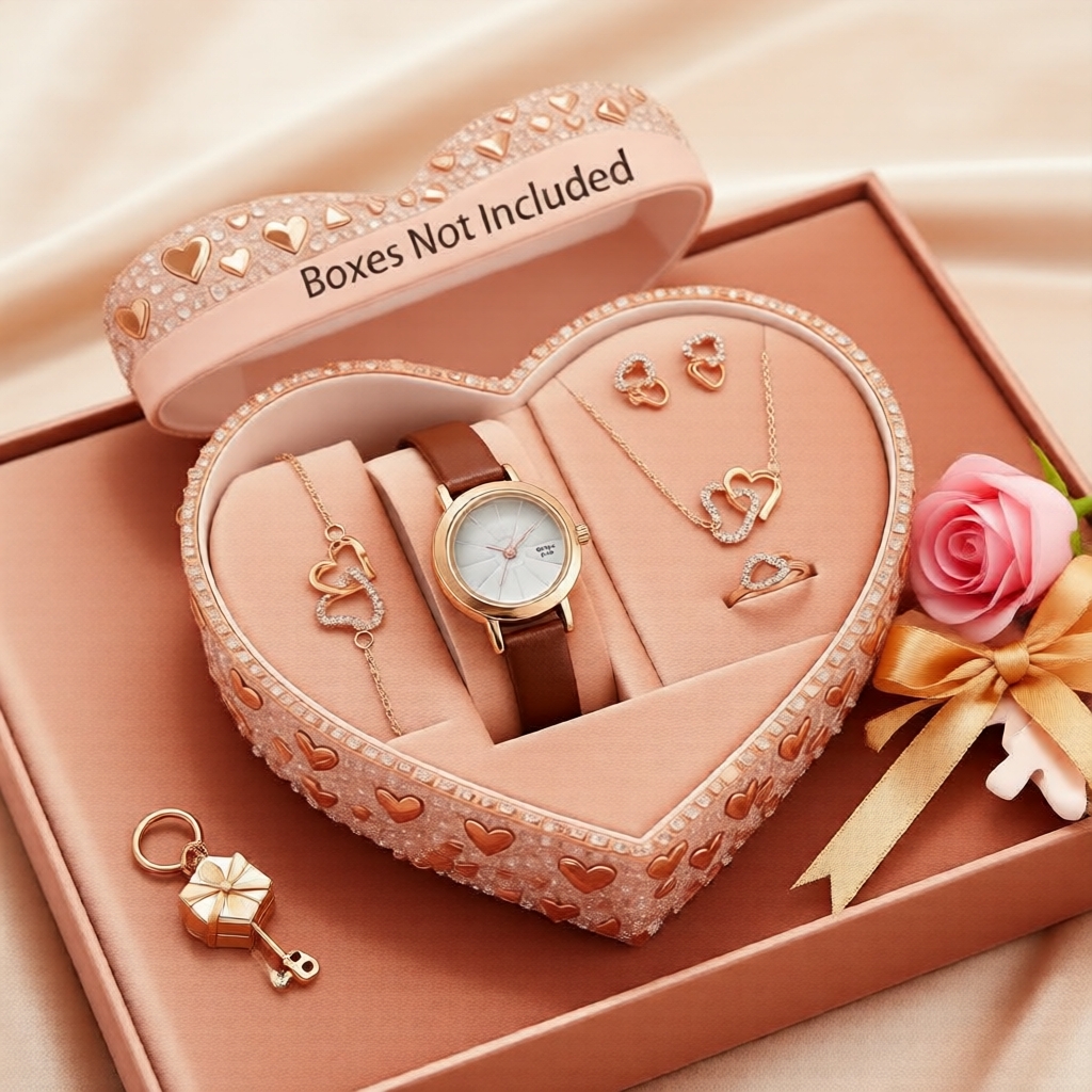 Conjunto de Relógio de Pulso e Joias Feminino de Luxo - Pulseira de Couro Marrom, com Colar, Brincos, Pulseira, Anel de