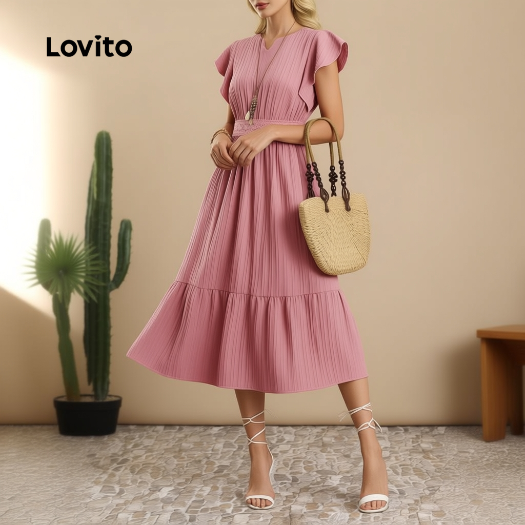 Lovito Vestido Sofisticado de Renda com Babados para Primavera/Verão Rosa Feminino LBL30102