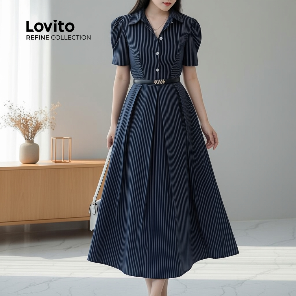 Lovito Refine Vestido Feminino Elegante Evangélico Com Botões Frontais E Zíper Azul Escuro Para Primavera Verão LR23L066 em Oferta na Shopee