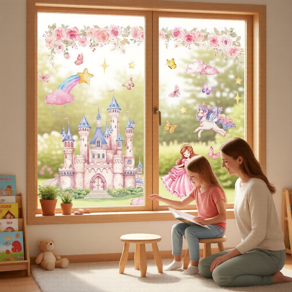 Adesivo eletrostático unicórnio castelo aquarela princesa para quarto de menina, adesivo de vidro para banheiro 30x60cm,