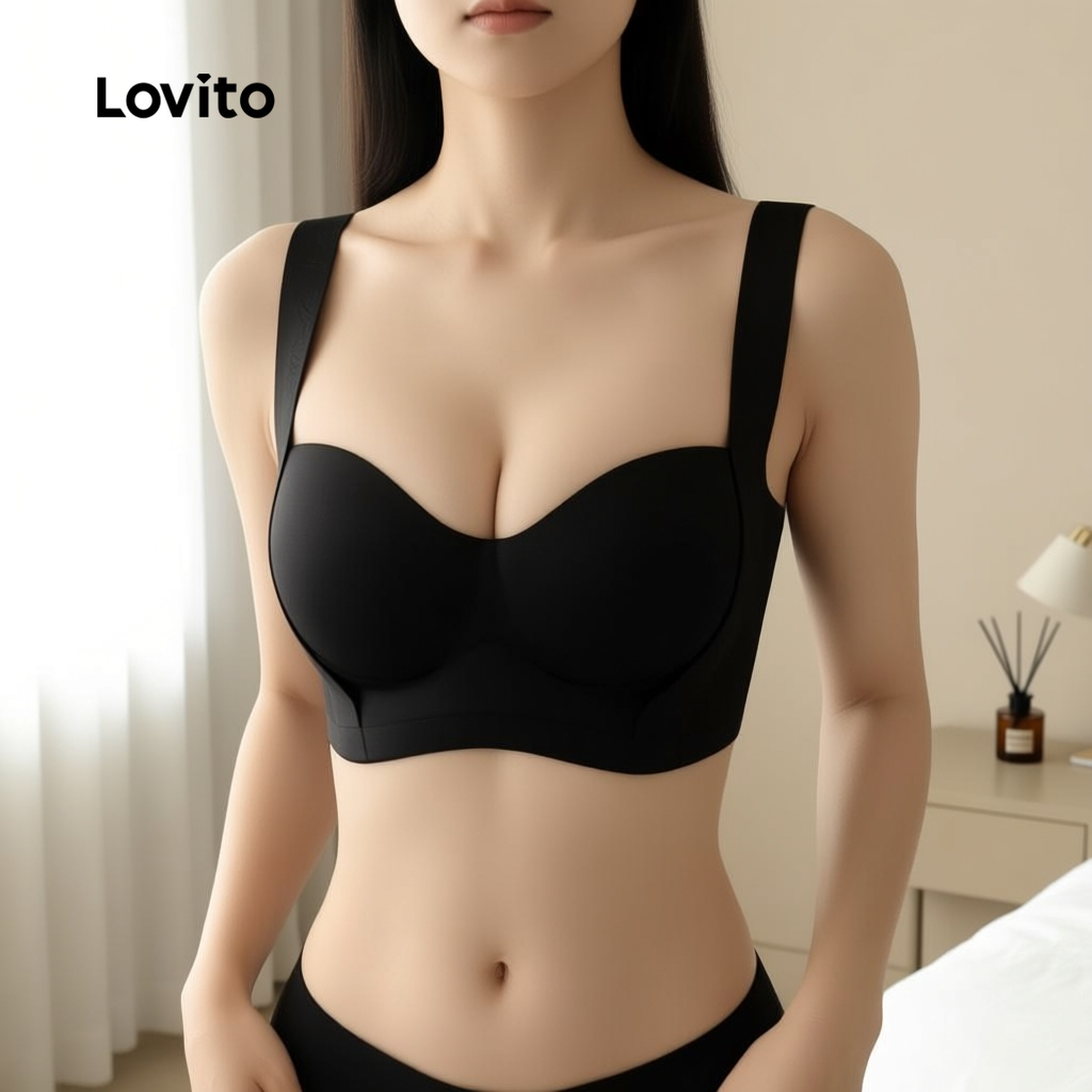 Lovito Sutiã Elegante com Bojo 3D Ajustável Sem Arame Anti-Queda e Toque Suave Push Up Feminino LNE121187 em Oferta na Shopee
