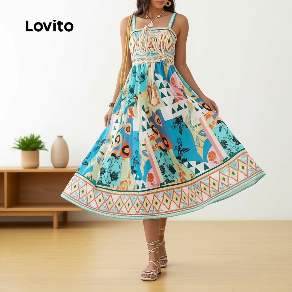 Lovito Refine Vestido Boho Plissado Feminino Primavera Verão LBL30278 em Oferta na Shopee