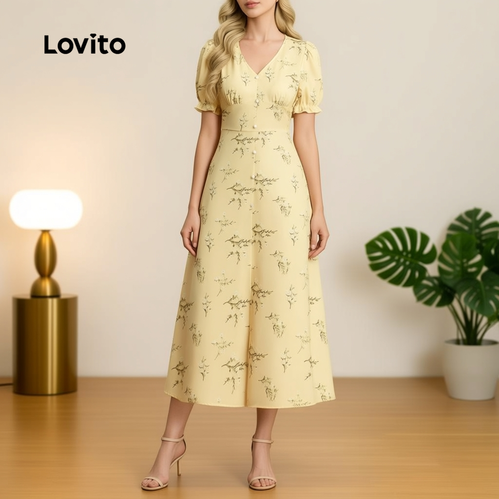 Lovito Vestido Feminino Longo Amarelo Claro Com Zíper E Corpete Ideal Para Primavera Verão LBL30253 em Oferta na Shopee