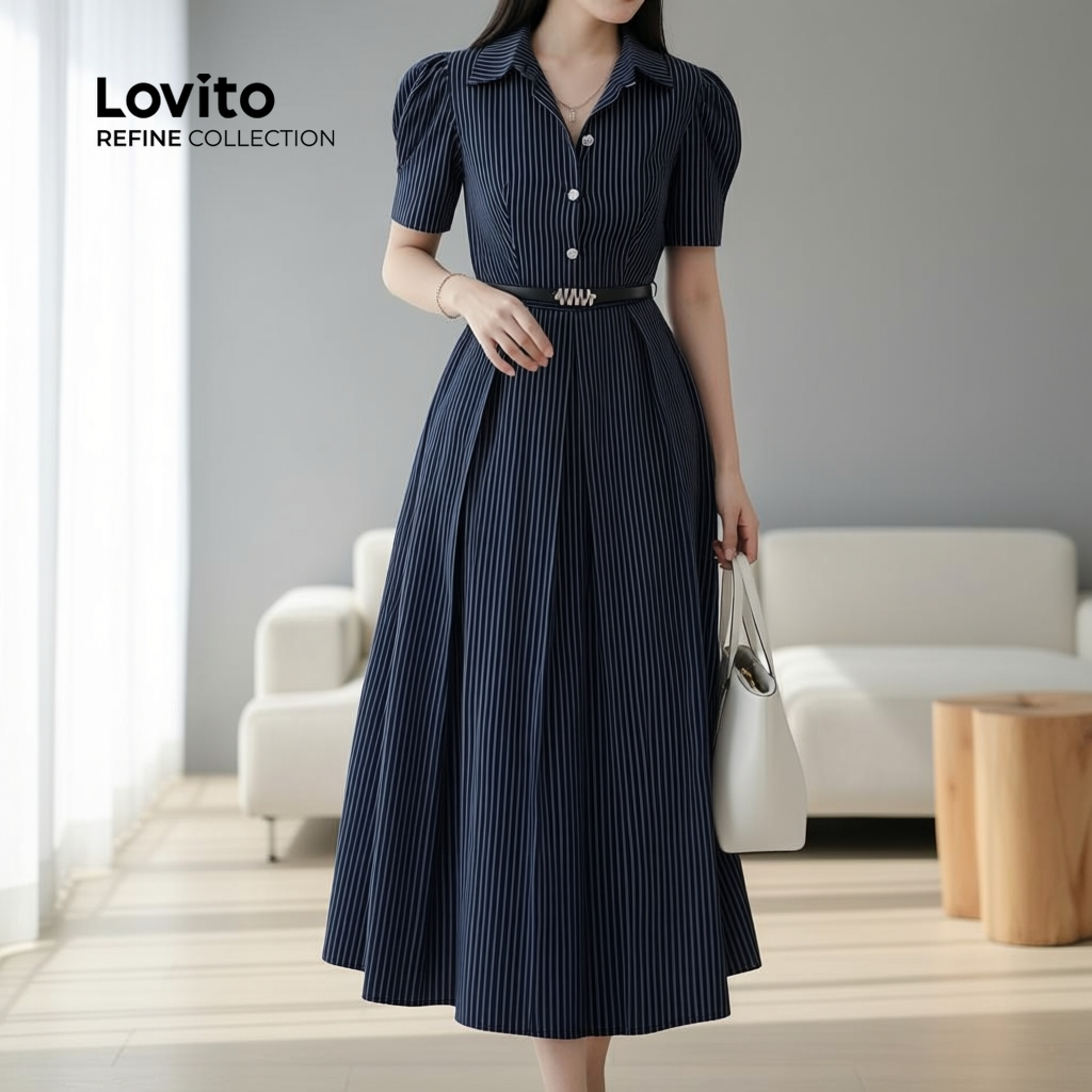 Lovito Refine Vestido Feminino Elegante Evangélico Com Botões Frontais E Zíper Azul Escuro Para Primavera Verão LR23L066 em Oferta na Shopee