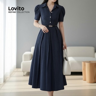 Lovito Refine Vestido Feminino Elegante Evangélico Com Botões Frontais E Zíper Azul Escuro Para Primavera Verão LR23L066 em Oferta na Shopee